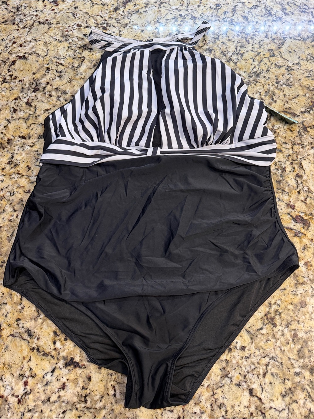 Black and White Striped Halter One-Piece Swimsuit